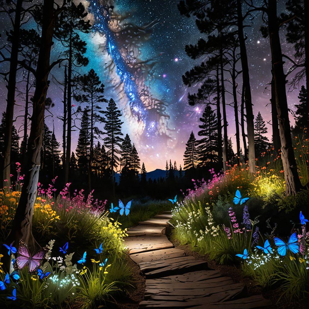 A serene landscape depicting a mystical path winding through an enchanted forest, where ethereal lights symbolize awakening. Silhouettes of diverse individuals meditating at different points along the path, illustrated with vibrant auras. Above them, a radiant sky filled with stars and galaxies representing consciousness. Symbols of transformation such as butterflies and blooming flowers subtly integrated throughout the scene. surreal. vibrant colors. ethereal atmosphere.