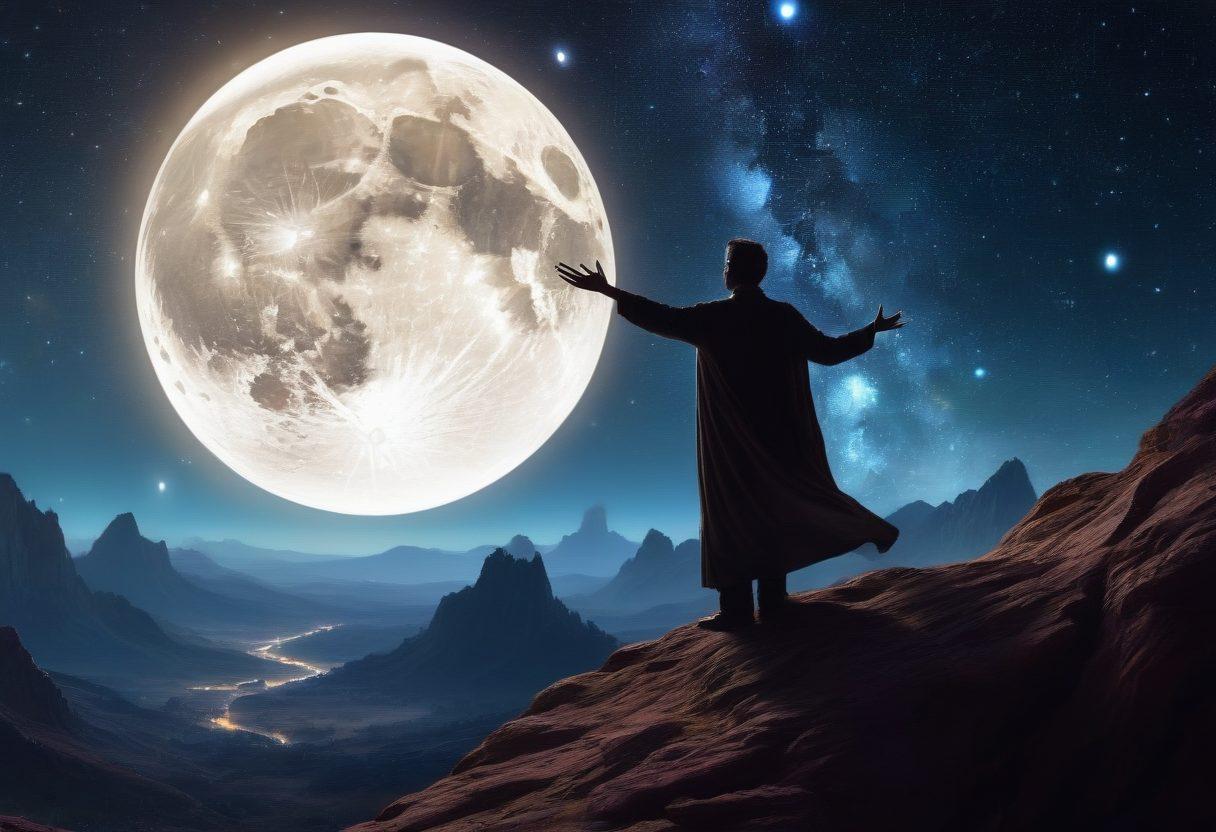 A mystical landscape featuring a silhouette of Uri Geller, standing with arms outstretched, surrounded by swirling energy and glowing orbs representing psychic powers. In the background, a starry night sky with a large, luminous moon enhances the metaphysical theme. Ethereal light beams descend from the heavens, symbolizing enlightenment and discovery. Elements of ancient symbols and crystals can be subtly integrated into the scene. vibrant colors. super-realistic.