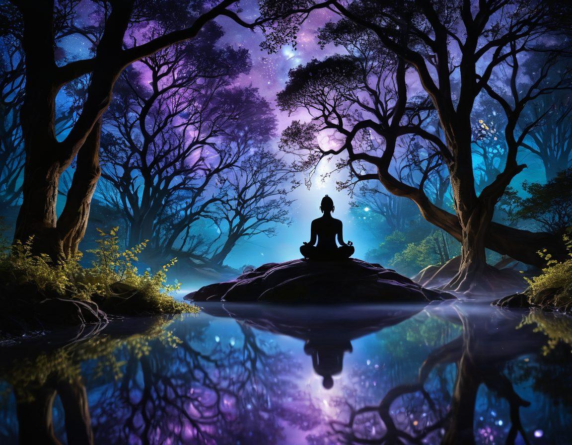 A serene landscape featuring a tranquil meditation space surrounded by ethereal glowing orbs and gentle flowing streams. Include a silhouette of a person meditating, with cascading light beams representing spiritual energy. The background should have mystical trees and celestial elements like stars and moons, enhancing the theme of psychic development. The overall color palette should be calming and vibrant, with hues of blue, purple, and gold. super-realistic. vibrant colors. mystical atmosphere.